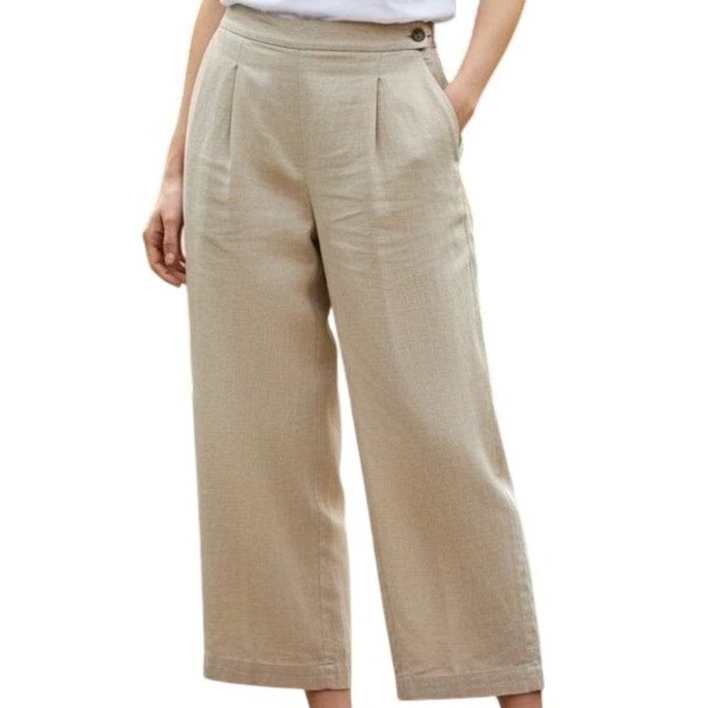 Herman Geist Linen Wide Leg Pants Womens 16 Beige Pleated High Waist Cropped
